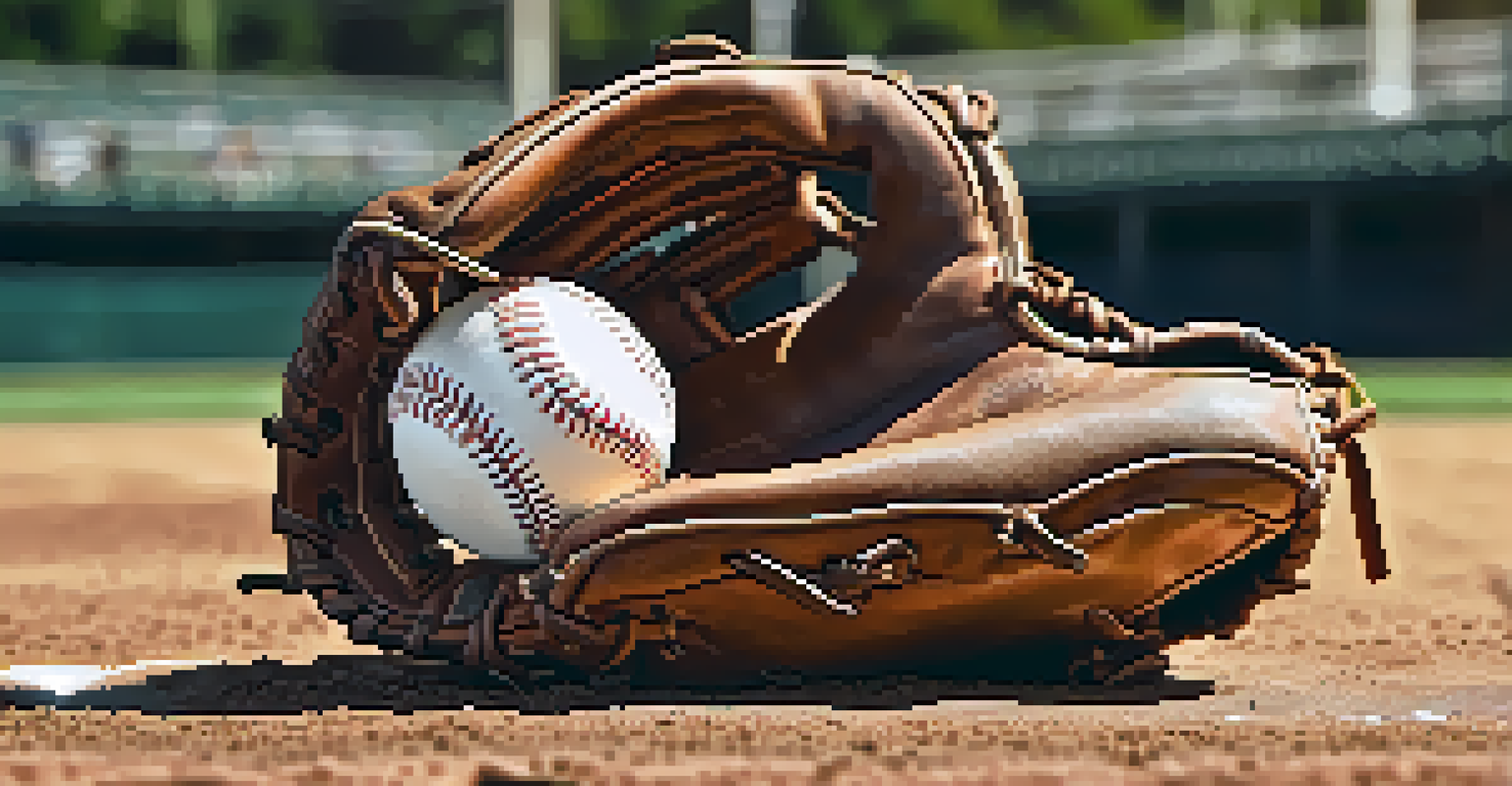 A close-up of a worn baseball glove and ball on home plate, with a blurred baseball field in the background.