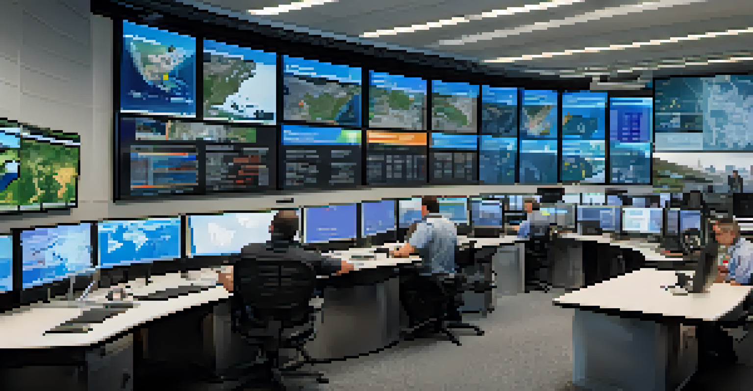 An emergency operations center with personnel using advanced technology and real-time data displays to manage a crisis.