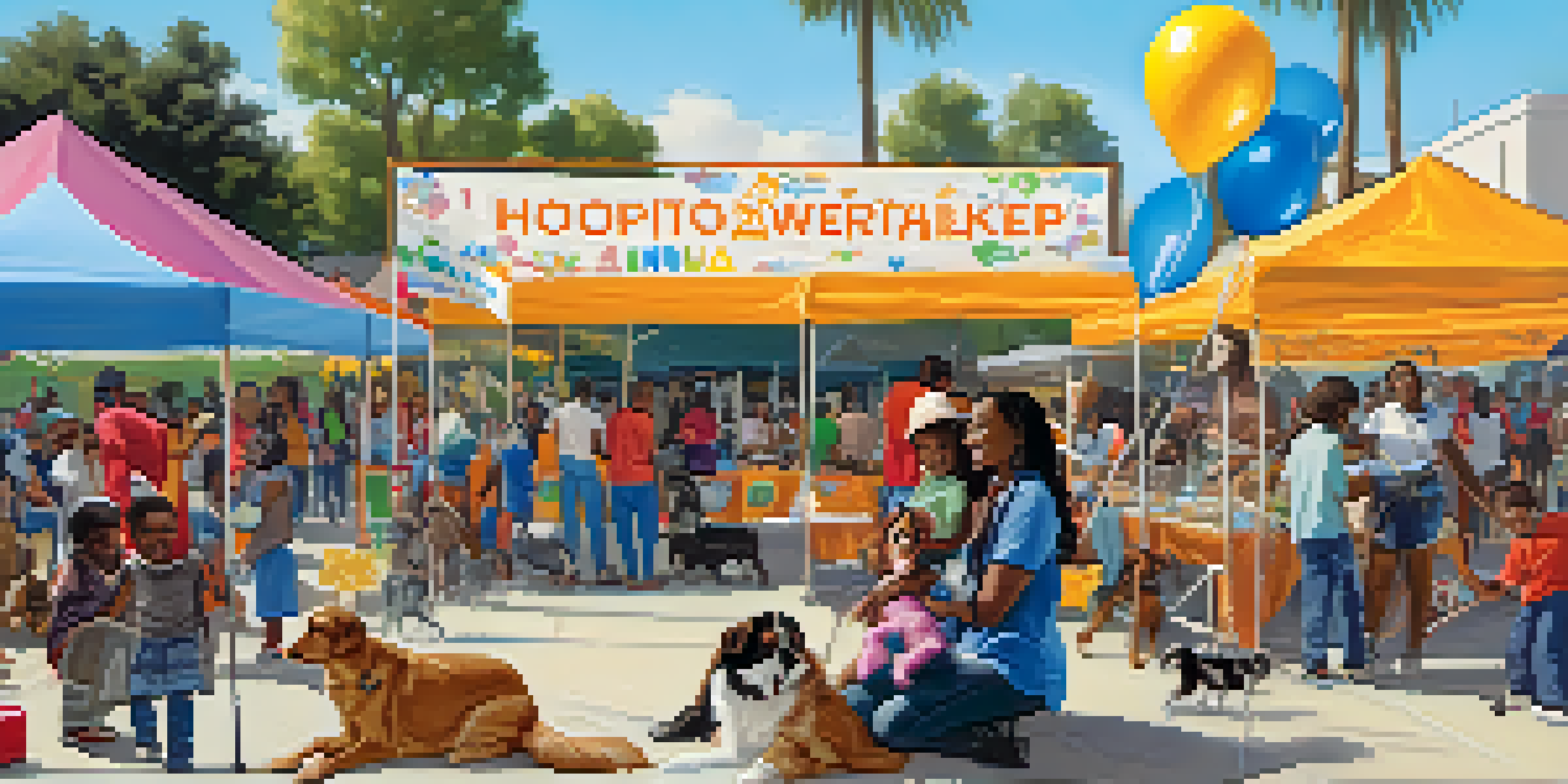 A lively community event in Compton with families interacting with pets at an adoption fair, colorful banners in the background.