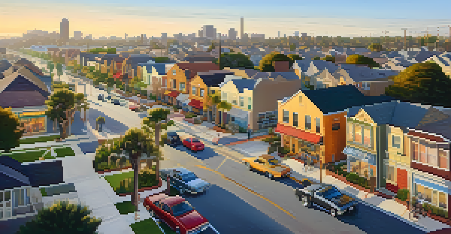 An aerial view of a Compton neighborhood with new multi-family housing and vibrant street life.