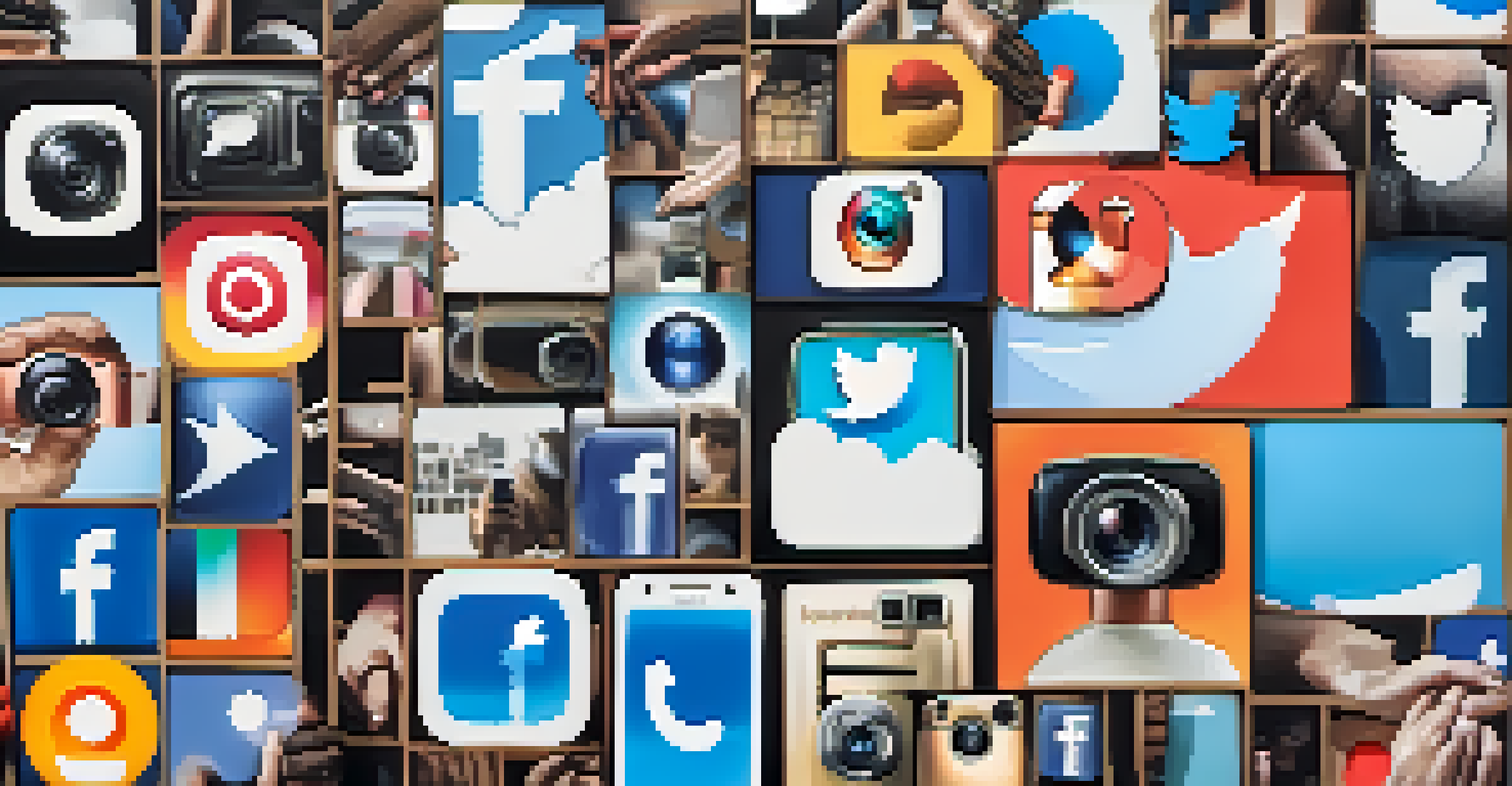 An artistic depiction of social media icons and hands holding smartphones, showcasing hashtags related to Compton's activism.