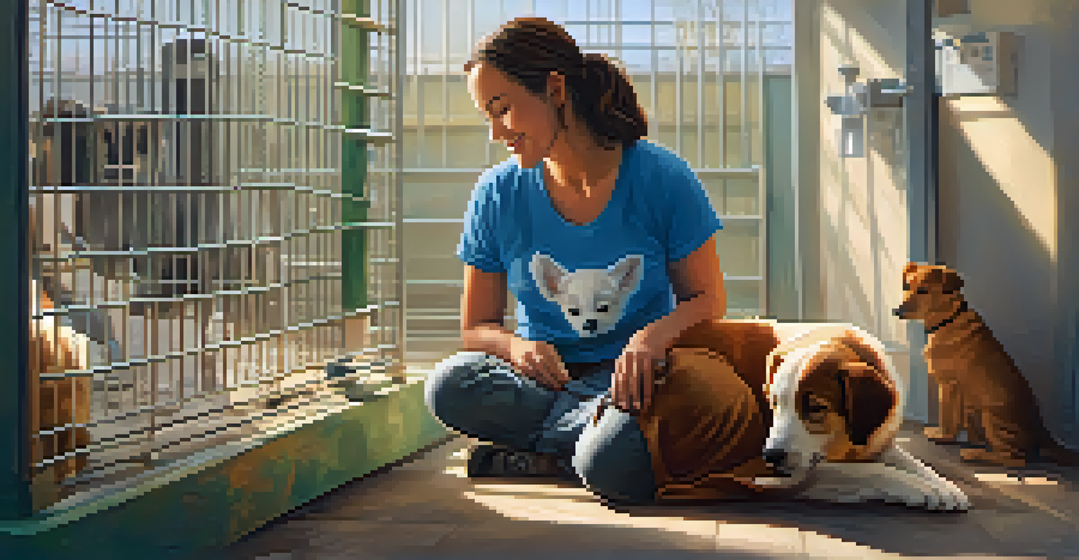 A volunteer at an animal shelter lovingly interacting with a rescued dog, surrounded by a warm and welcoming atmosphere.