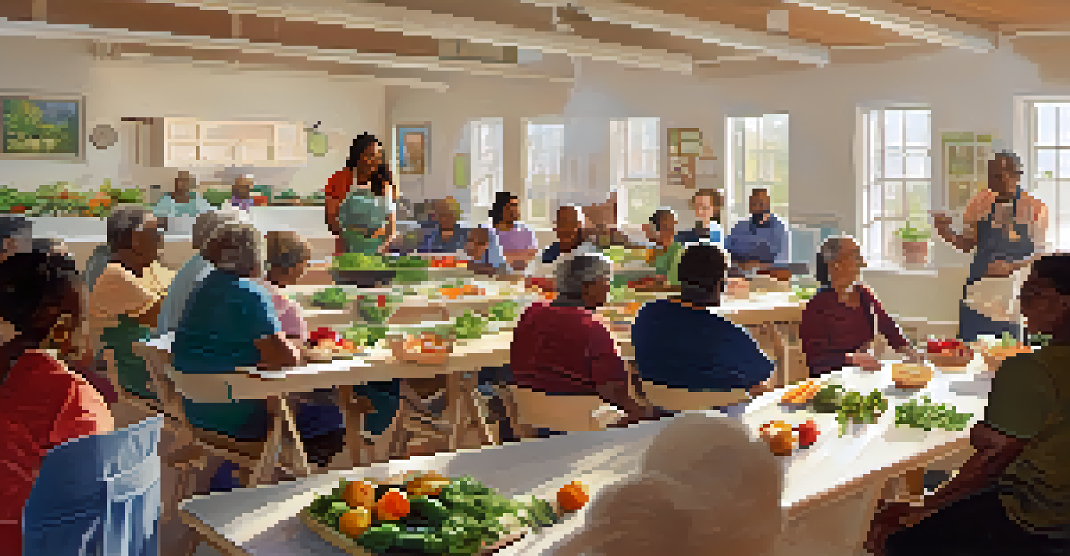 A health and wellness workshop in a community hall with residents learning about nutrition and healthy cooking.
