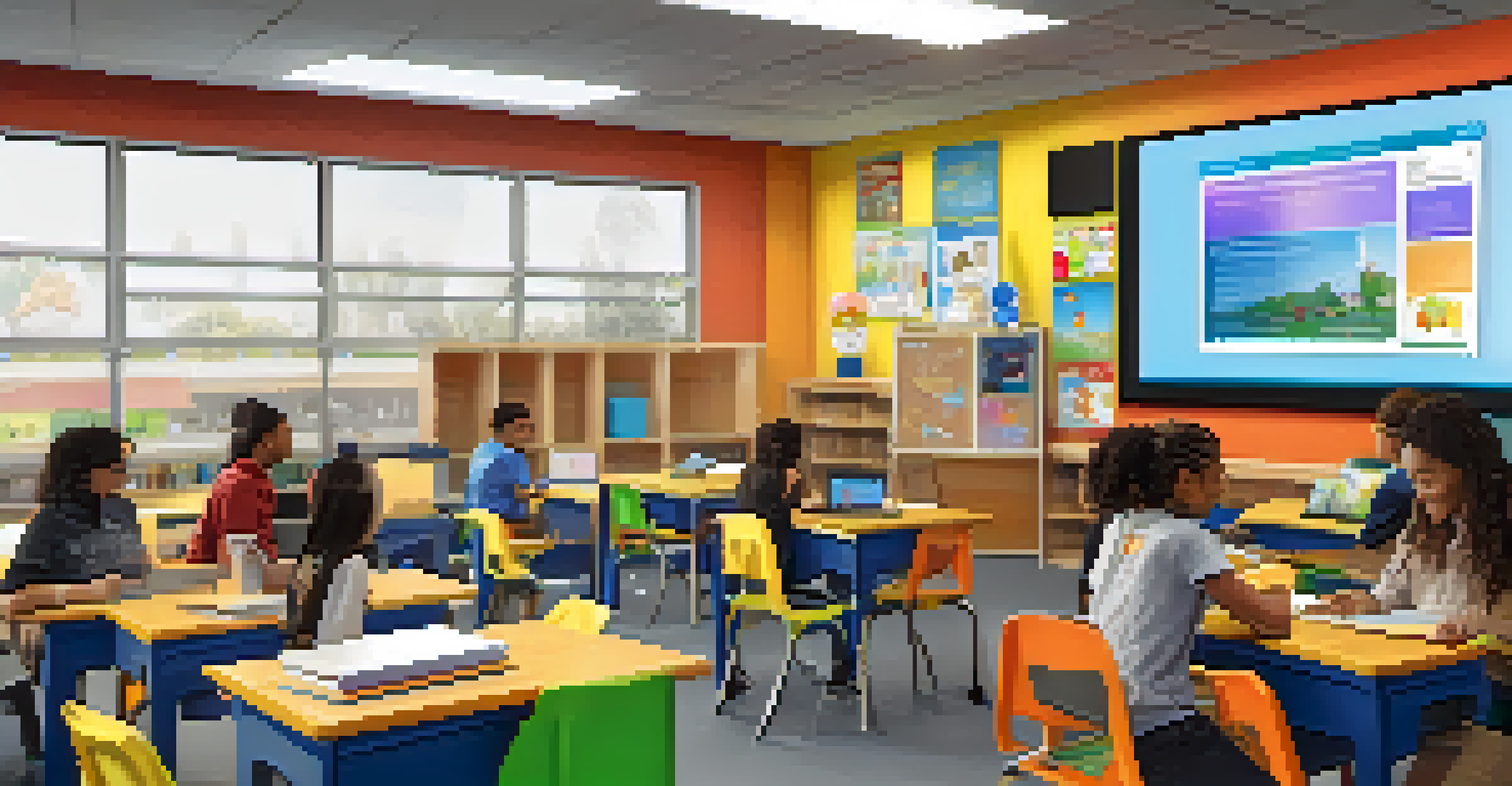 A modern classroom in Compton with students using technology for collaborative learning in a vibrant setting.
