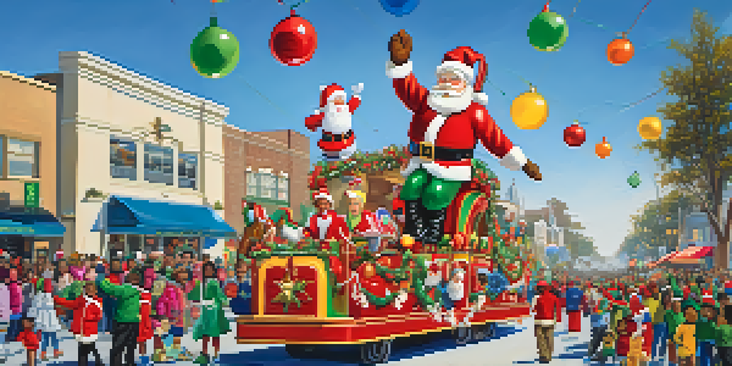 A lively Christmas Parade in Compton with colorful floats, families celebrating, and Santa Claus in the foreground.