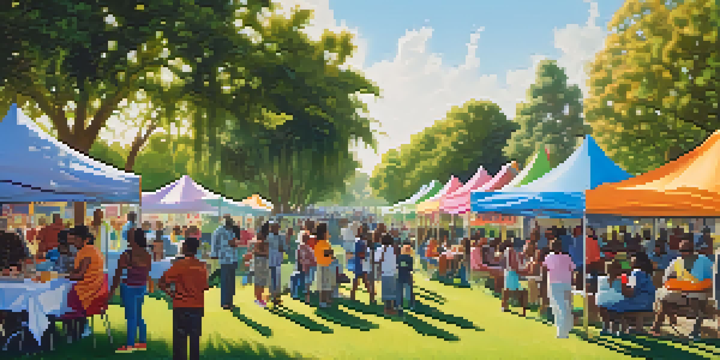 A lively community festival in a park, with diverse residents enjoying food and activities under sunlight.