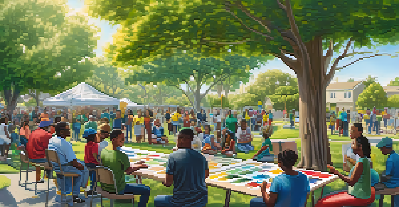 Residents of all ages participating in a community art workshop in a park, painting a mural together amidst trees and greenery.