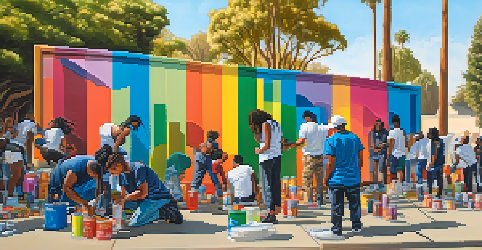 A diverse group of artists collaborating on a large mural in an urban park in Compton, surrounded by paint and brushes.