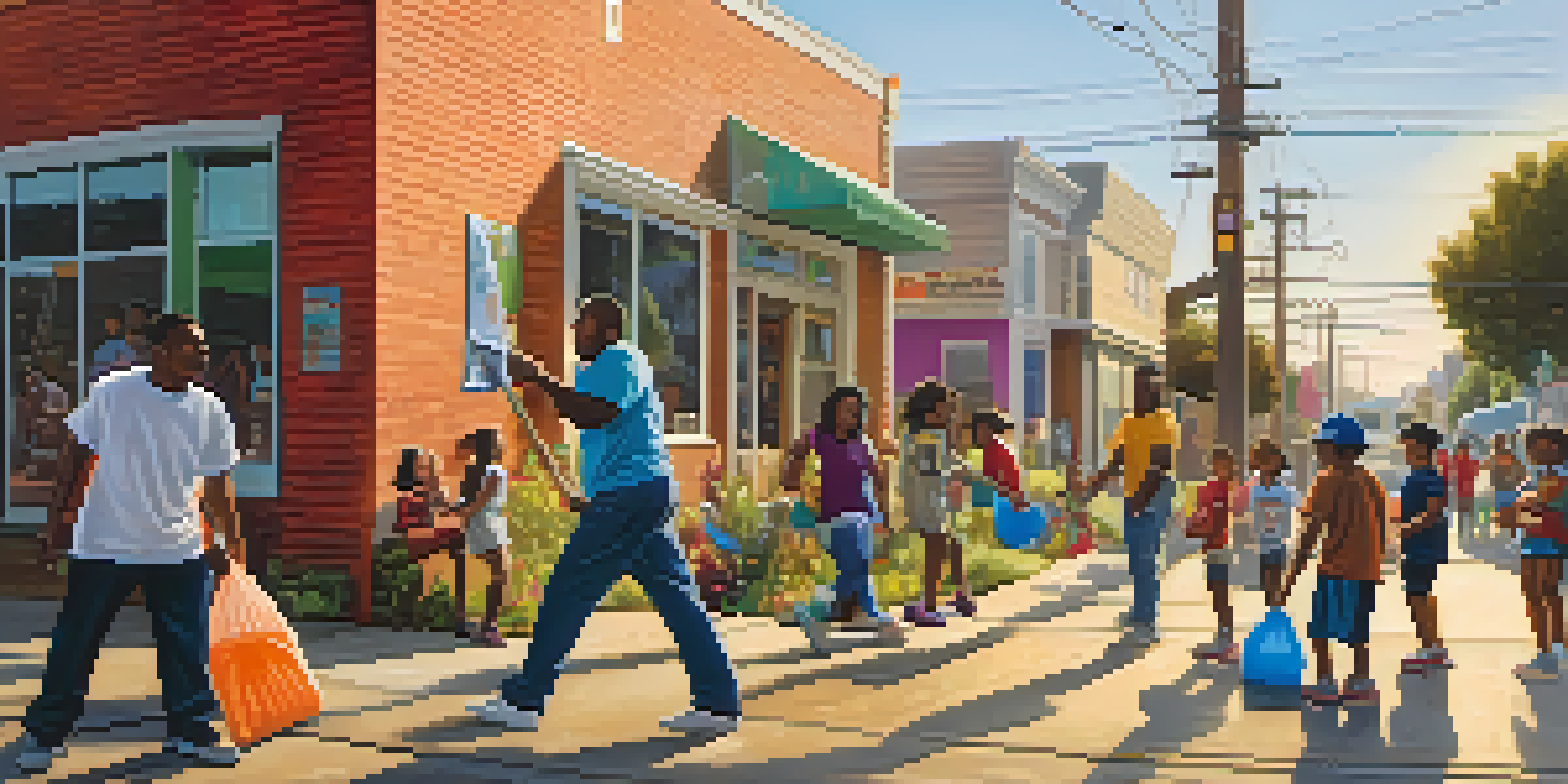 A lively community clean-up event in Compton, with people of various ages participating, colorful murals in the background, and a warm sunset.