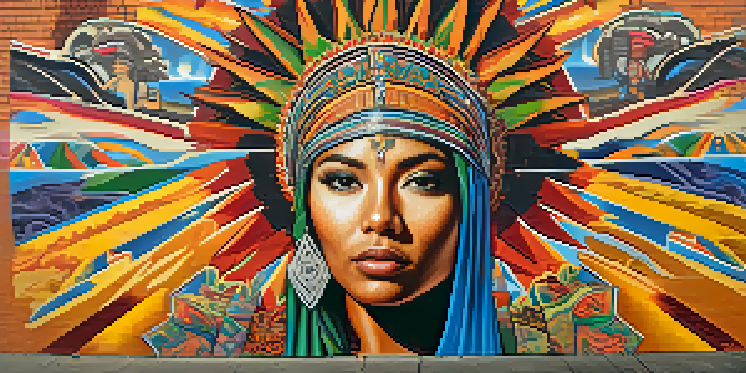 A colorful street mural featuring a figure from Chicano culture, with intricate designs and warm sunset lighting.