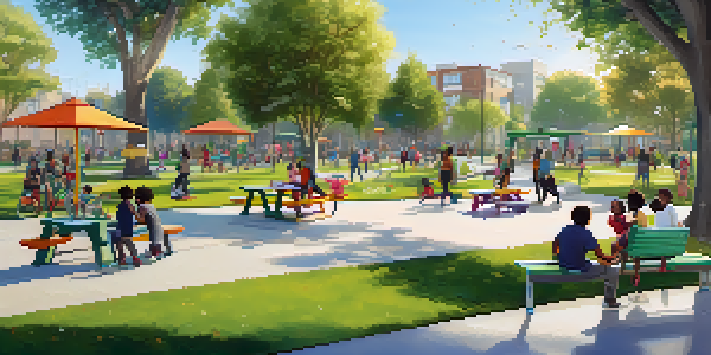 A lively urban park in Compton with families picnicking, children playing, and smart infrastructure like solar benches.
