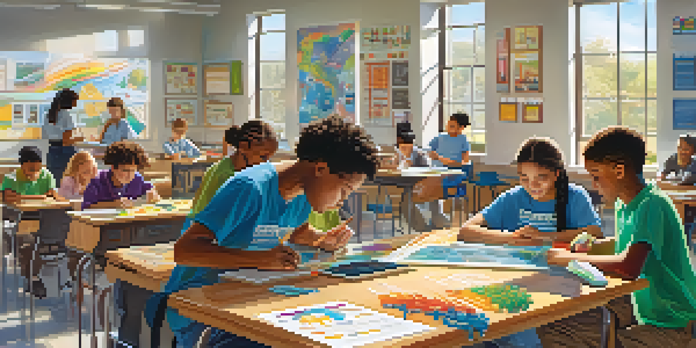 A diverse group of students participating in a STEM activity in a colorful classroom.