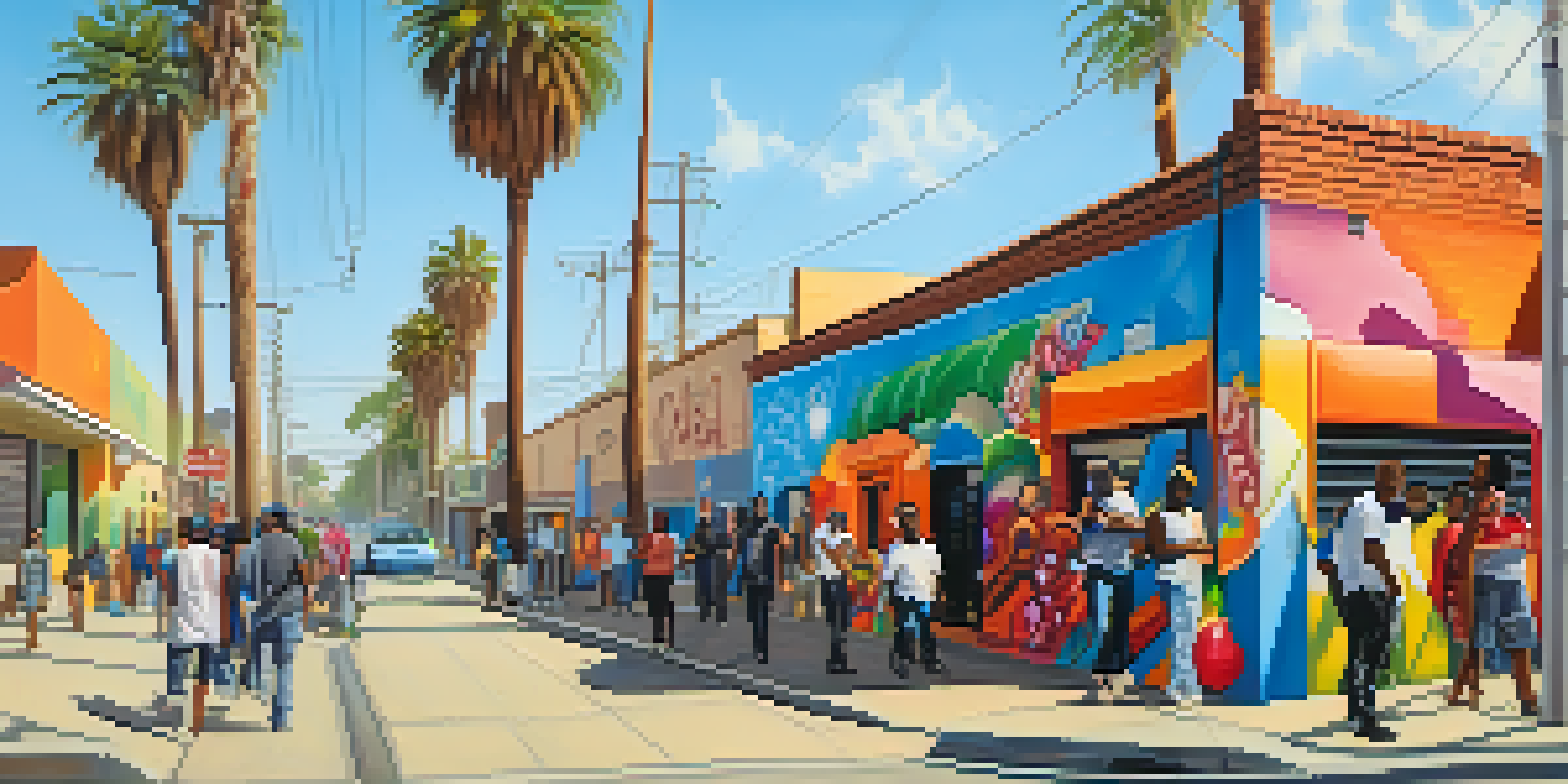 A lively street scene in Compton with local artists painting murals, colorful graffiti, and people interacting, all under a sunny sky.