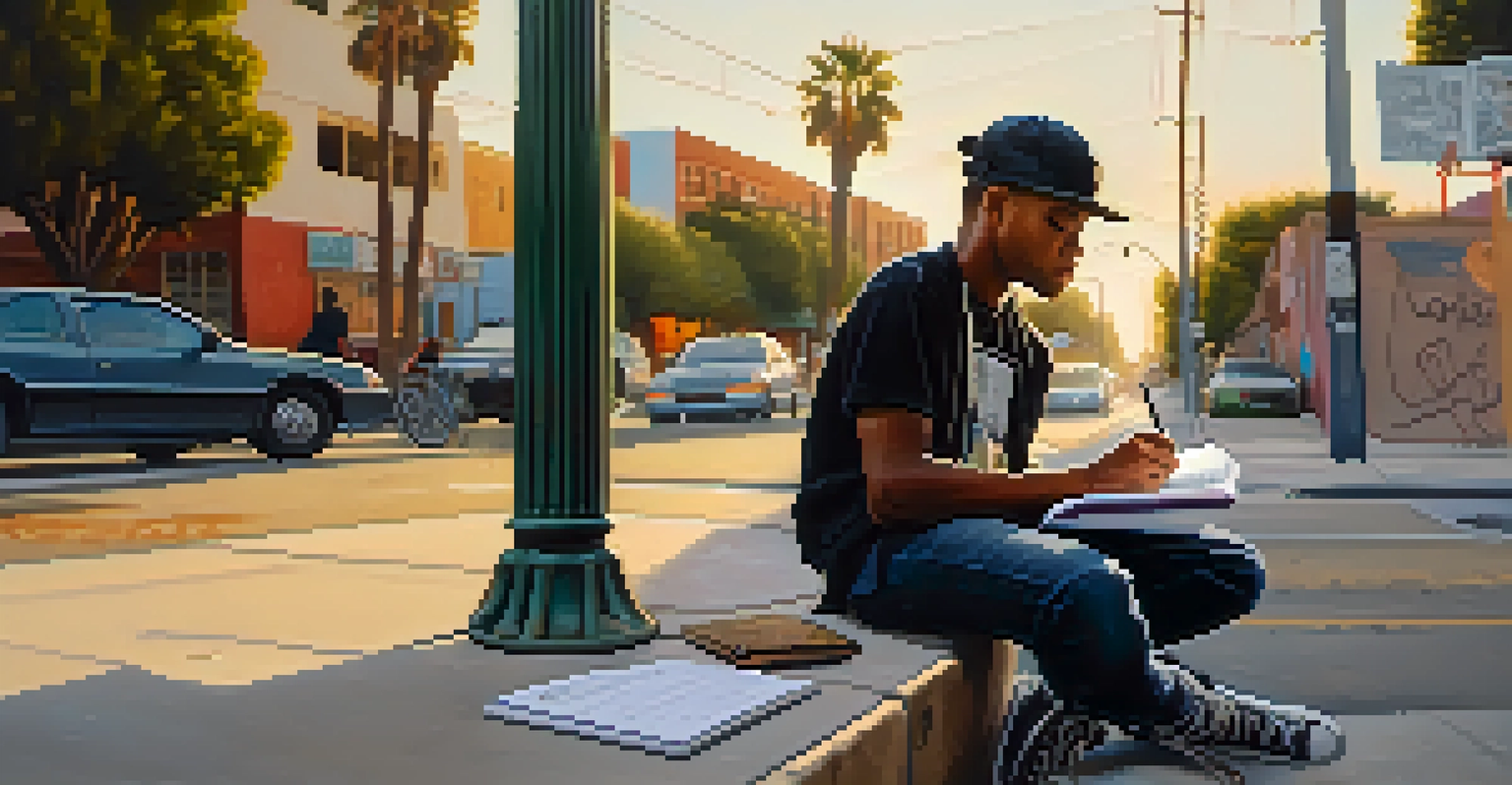 A young hip-hop artist writing lyrics on a curb in Compton, with street art in the background.