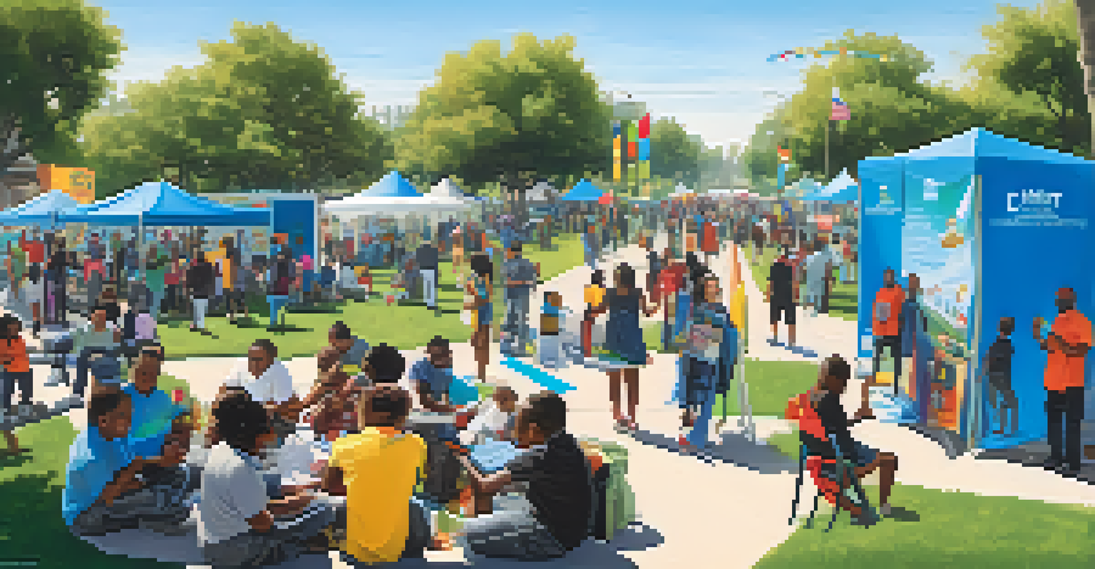 A vibrant community event in a park for mental health awareness, with booths, banners, and residents engaging in activities under a blue sky.