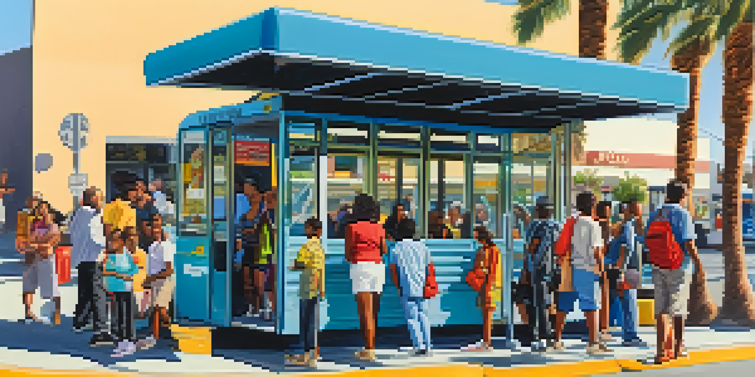 A busy Compton bus stop filled with diverse passengers waiting for a colorful bus under a blue sky with palm trees.