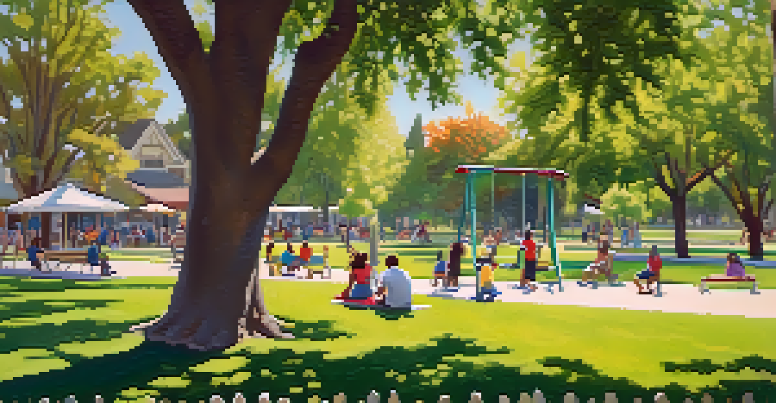 A peaceful park in Compton, with families enjoying a sunny day, children playing, and vibrant flowers in the background.