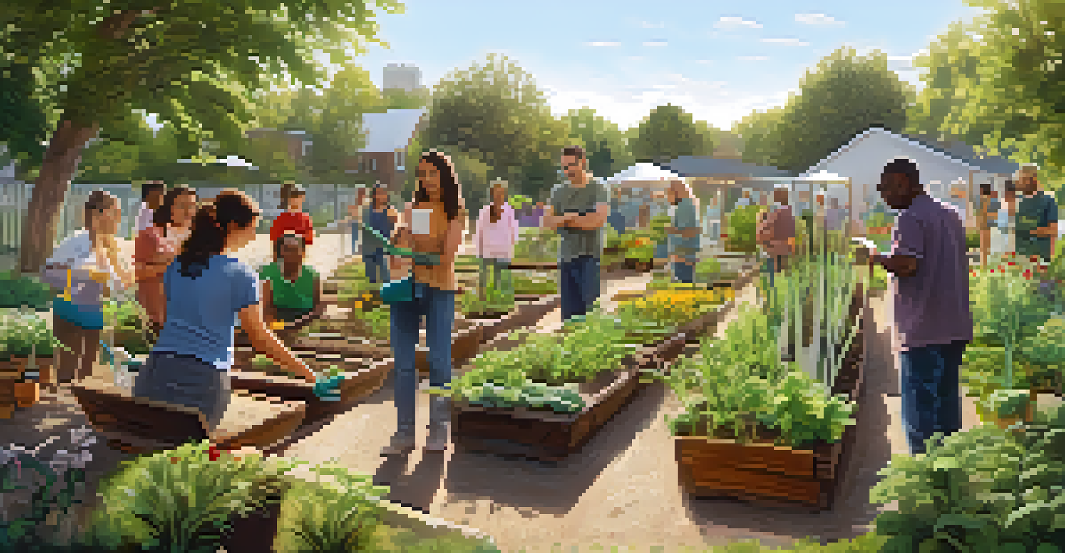 A community workshop in a garden setting, showing residents learning about gardening techniques from an instructor, surrounded by tools and vibrant plants.