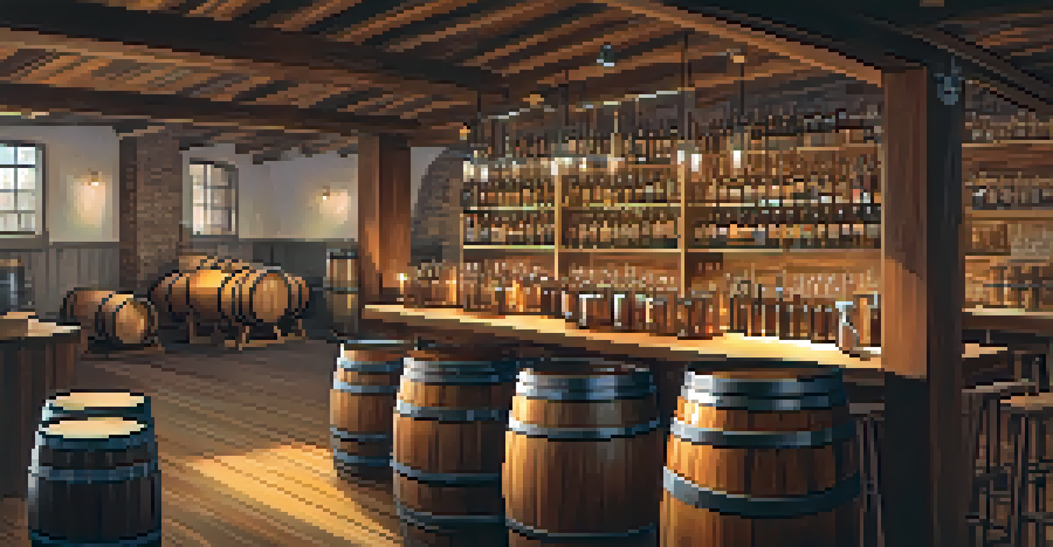 The interior of a rustic brewery with stacked barrels, brewing equipment, and a counter with craft beers, illuminated by soft lighting.