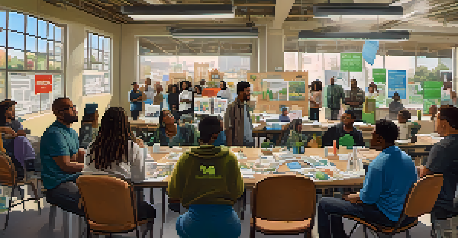 Residents of Compton participating in a community workshop about industrial waste management, surrounded by educational posters.