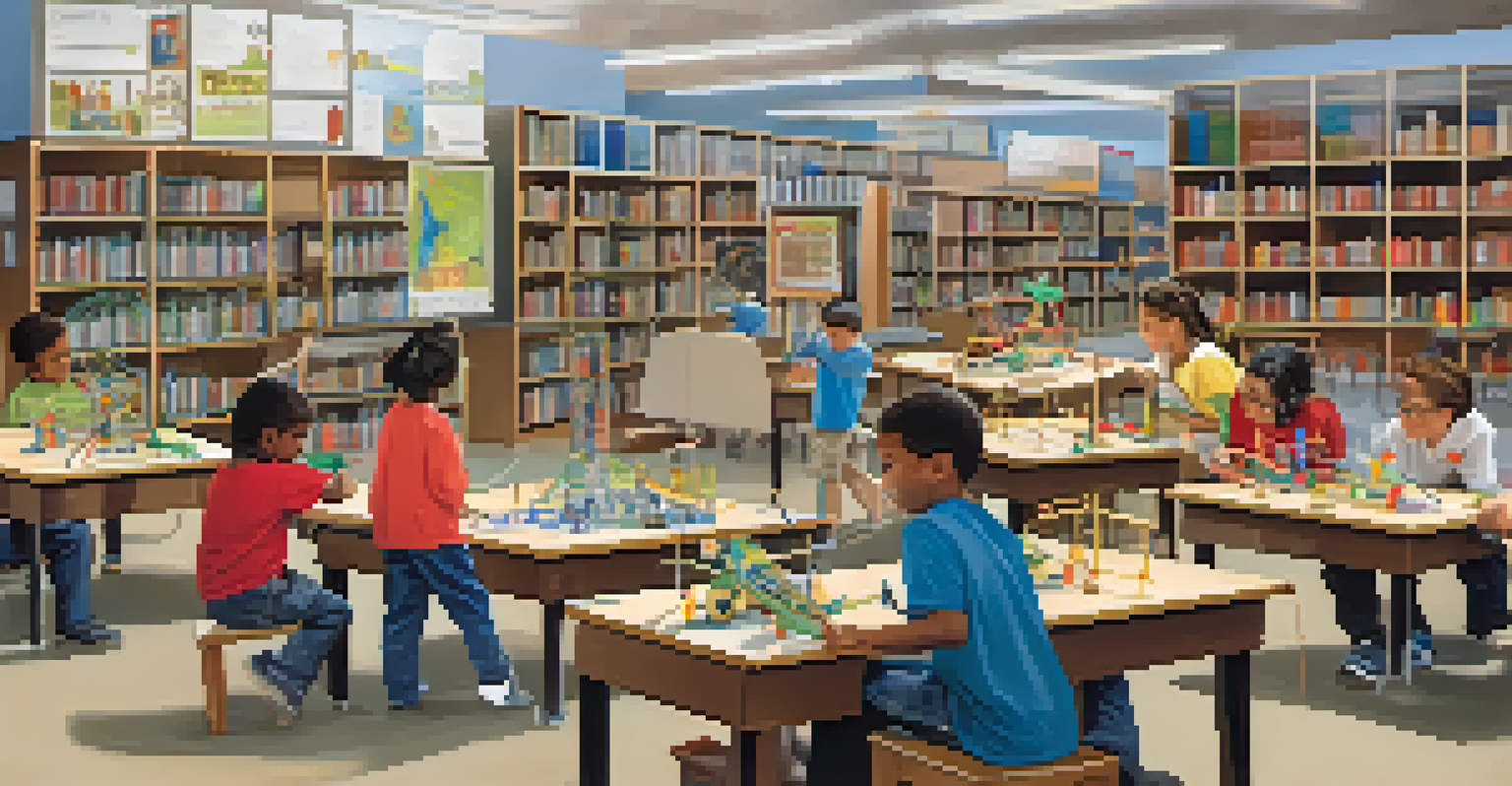 Children collaborating in a STEM program at a library, building machines and learning about science and technology.