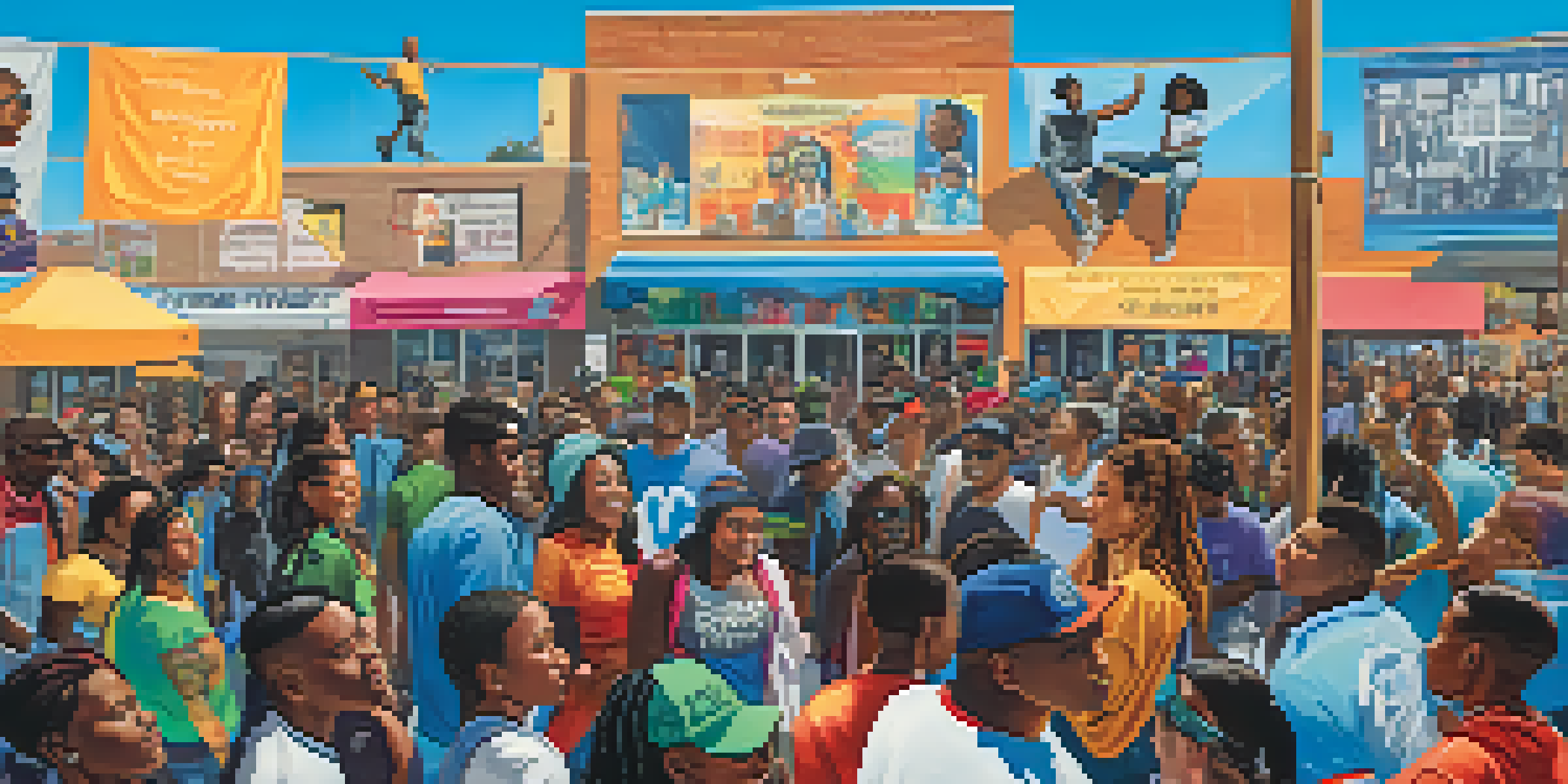 A diverse group of young activists in Compton gathering together, discussing social justice, surrounded by colorful banners and urban murals.