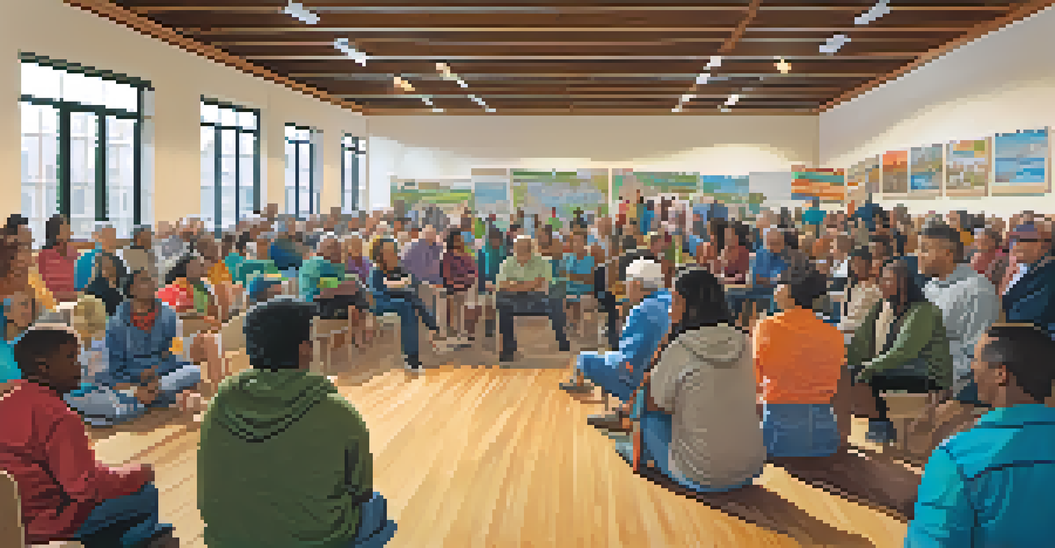 A community meeting in a local hall where diverse residents discuss transportation needs, surrounded by posters and maps.