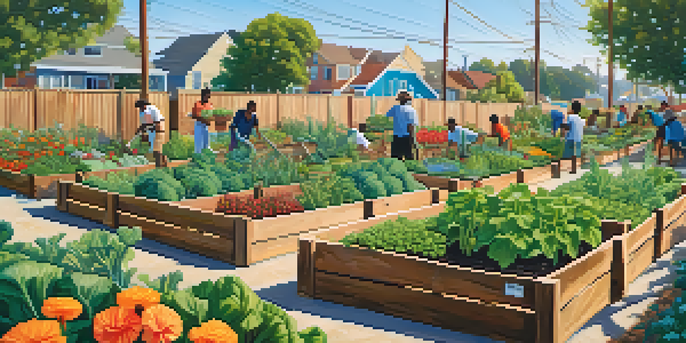 A diverse group of residents working together in a community garden, surrounded by greenery and flowers under a blue sky.