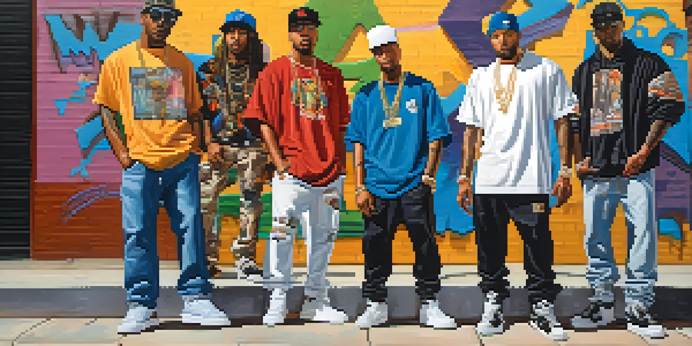 A lively street scene in Compton with hip-hop artists in trendy streetwear and colorful graffiti.