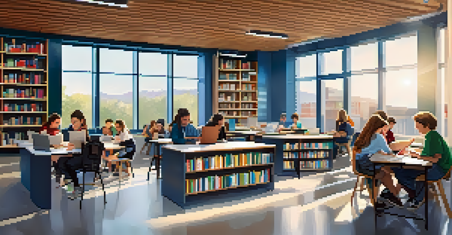 Students working together on laptops in a bright library filled with books and sunlight.