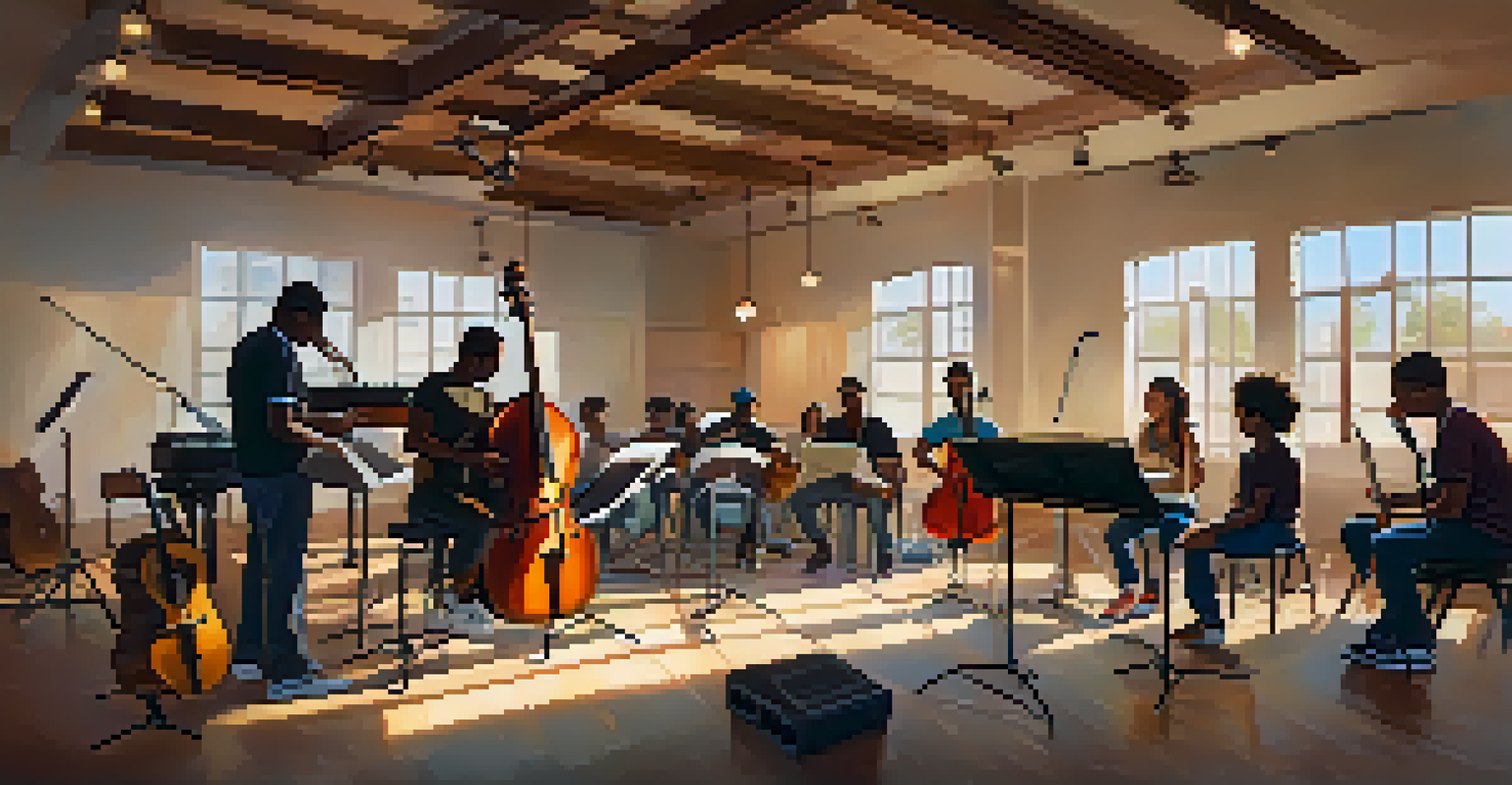 A cozy indoor music workshop at the Compton Civic Center with young musicians and a mentor surrounded by instruments.