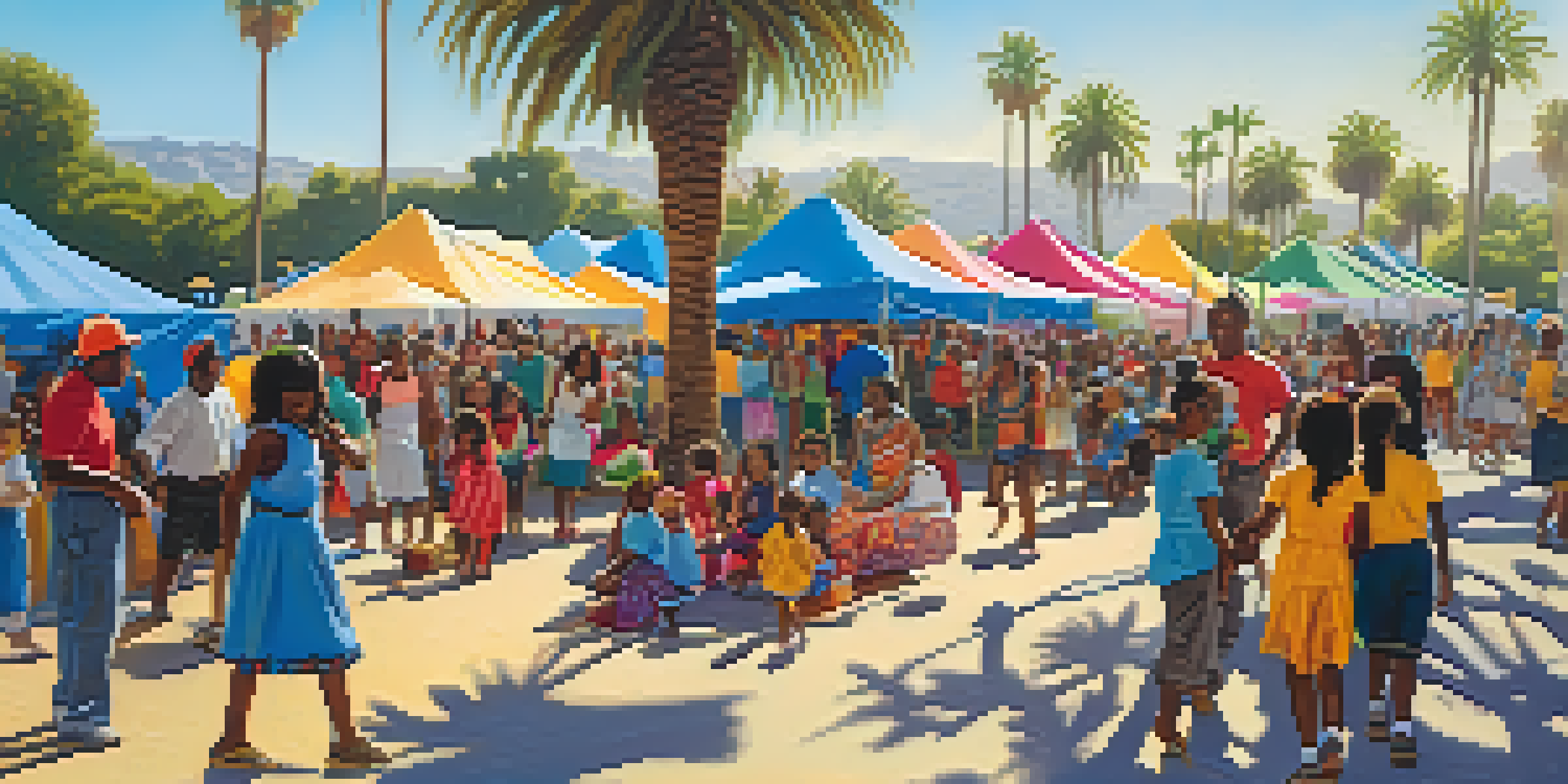 A community festival in Compton with women displaying traditional arts and crafts, surrounded by colorful tents and palm trees under a bright sky.