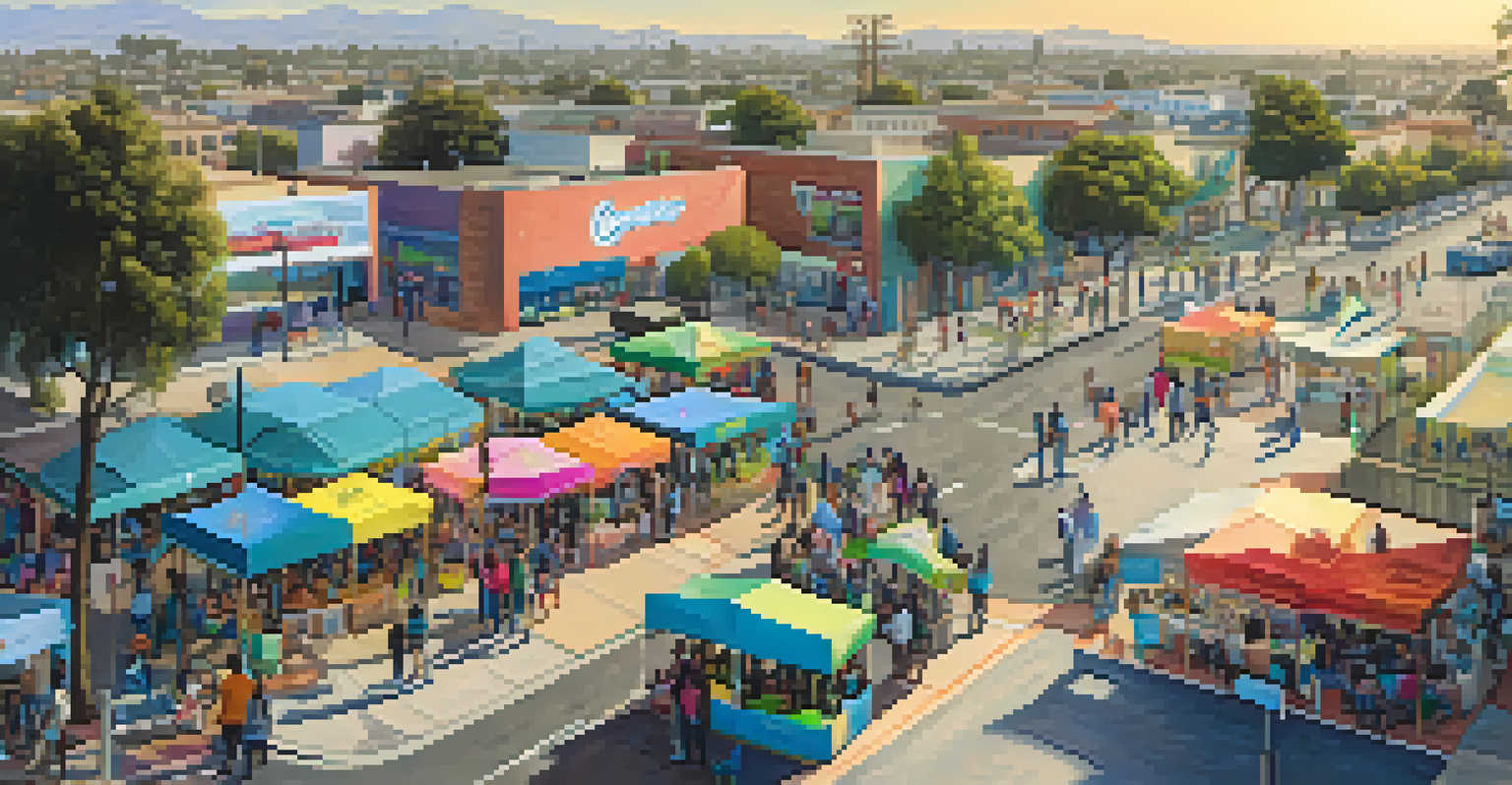 A community tech fair in Compton where residents explore affordable internet plans and devices, with colorful booths and lively interactions.