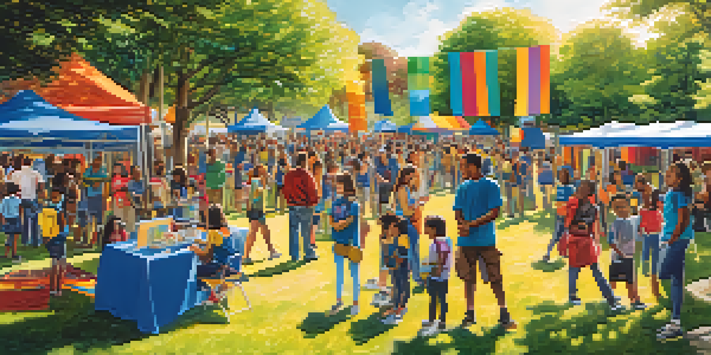 A lively community event in a park with young people participating in safety initiatives, under a bright sunny sky.