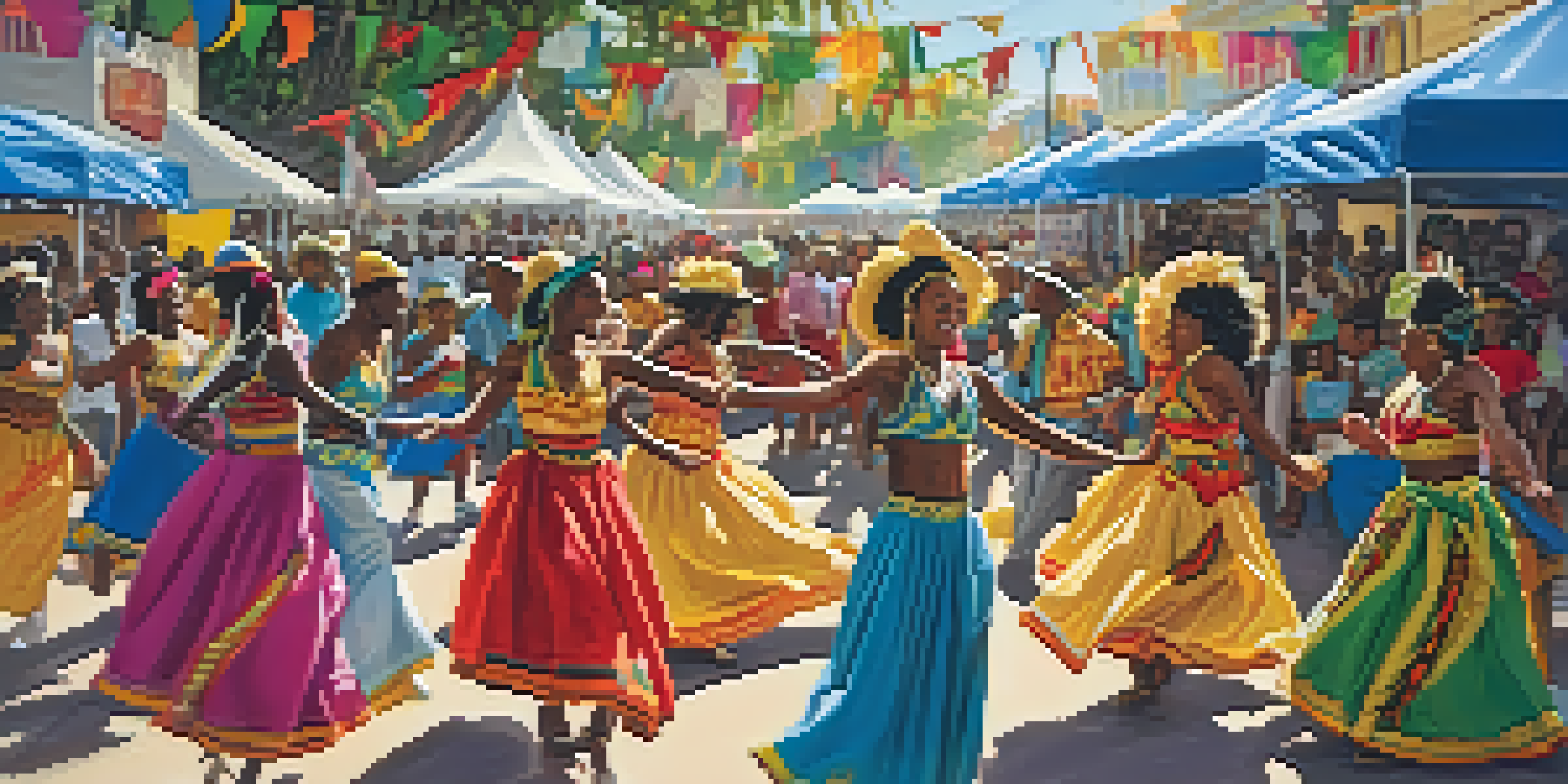 Performers in colorful Caribbean costumes dancing at the Compton Caribbean Festival, with a lively crowd and food stalls in the background.