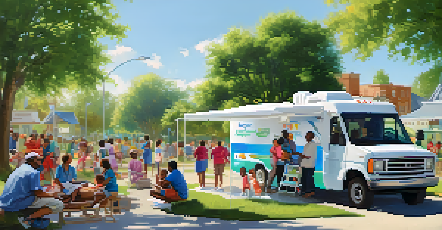 A mobile clinic in a park with families receiving healthcare services and colorful health awareness banners.