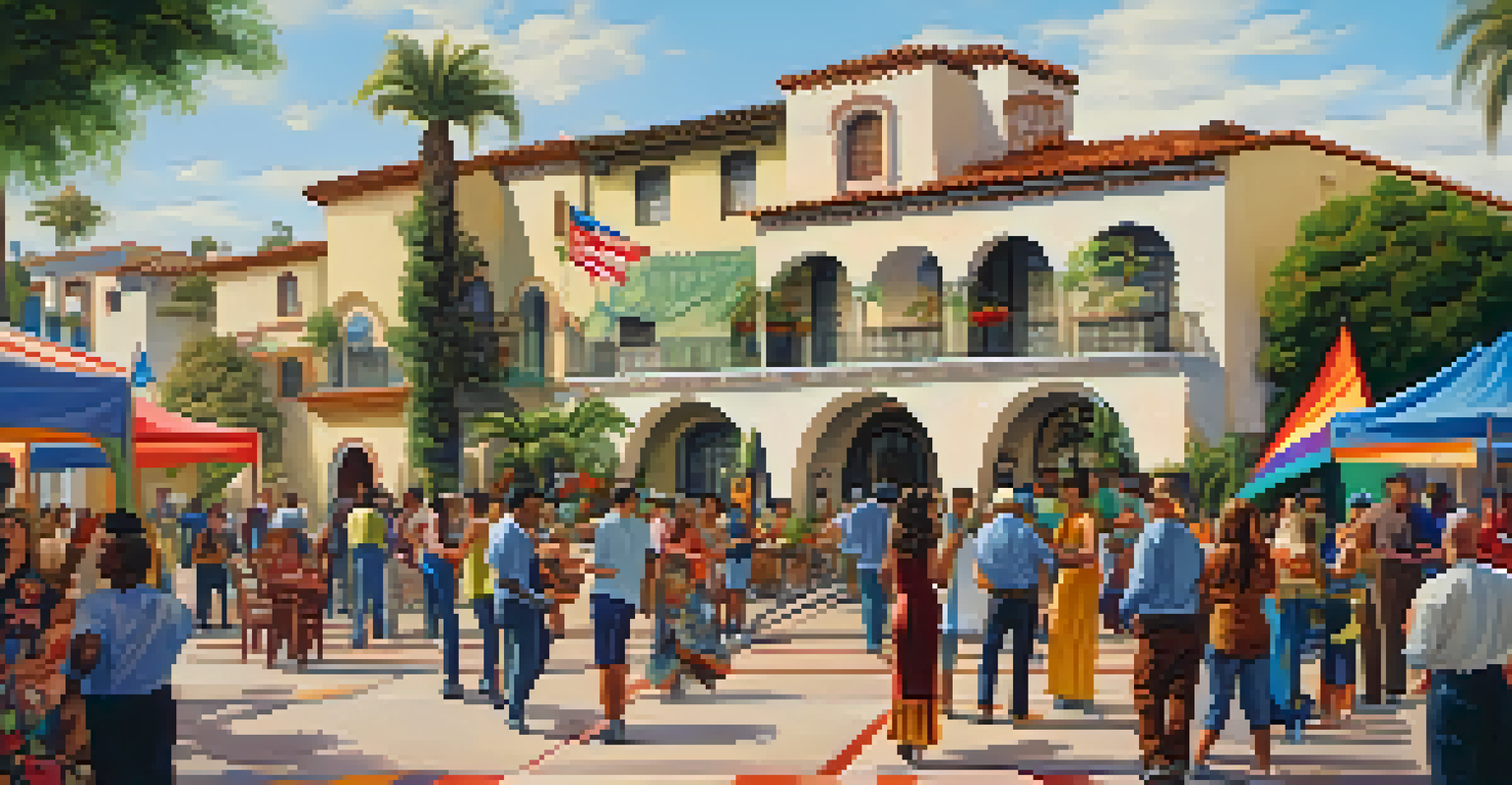 A lively community gathering in a plaza with Spanish Revival buildings, showcasing cultural activities, colorful decorations, and lush landscaping.