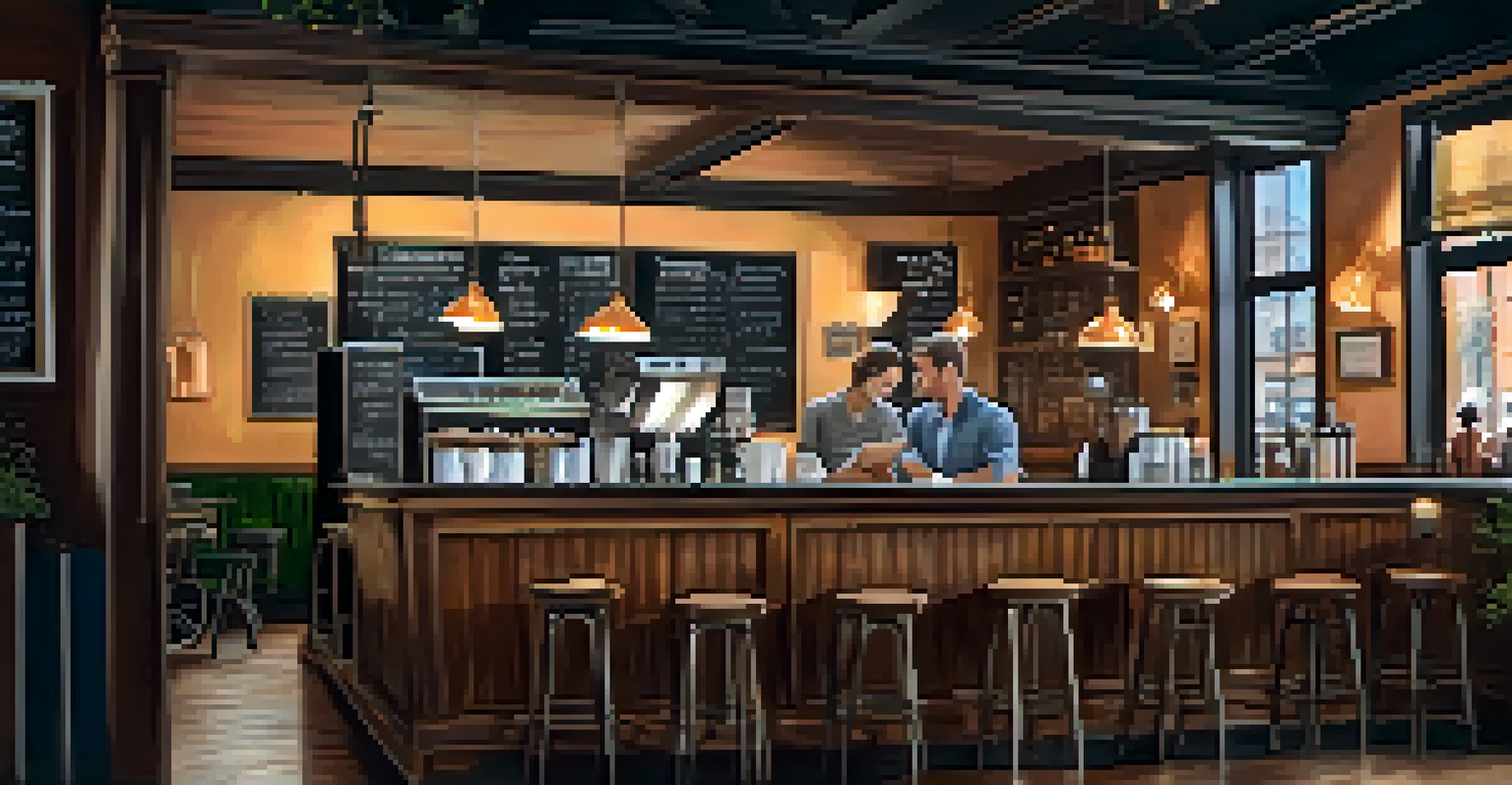 Two entrepreneurs deep in conversation over coffee in a cozy coffee shop, surrounded by warm lighting and unique decor.