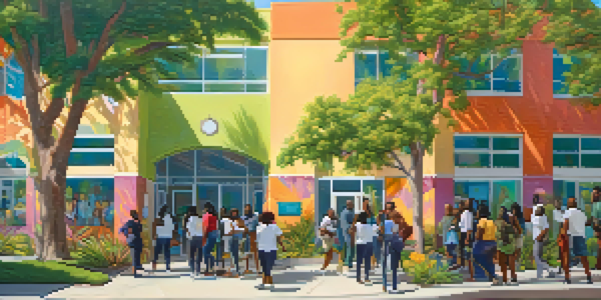 A community mental health center with colorful murals and people conversing in a green outdoor space, under soft sunlight.