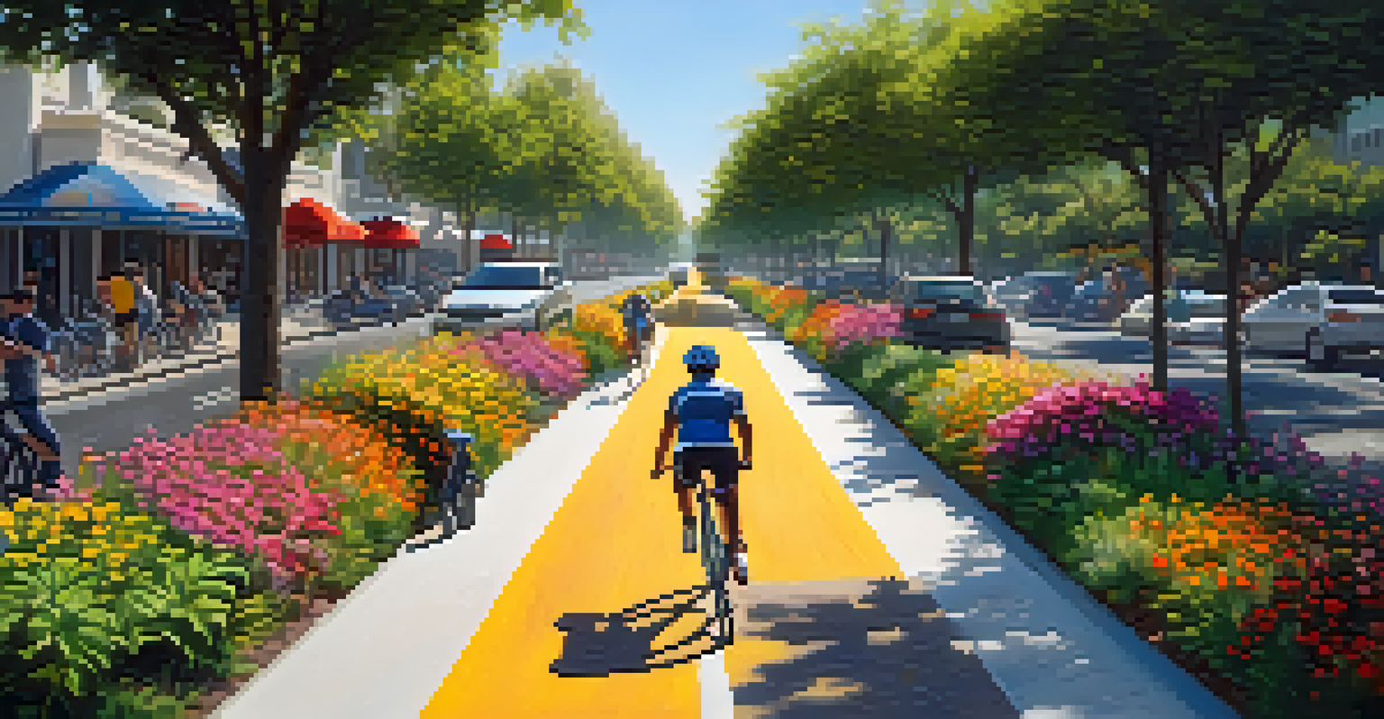 A cyclist on a bike lane in Compton, surrounded by greenery and flowers, with pedestrians in the background enjoying the outdoors.