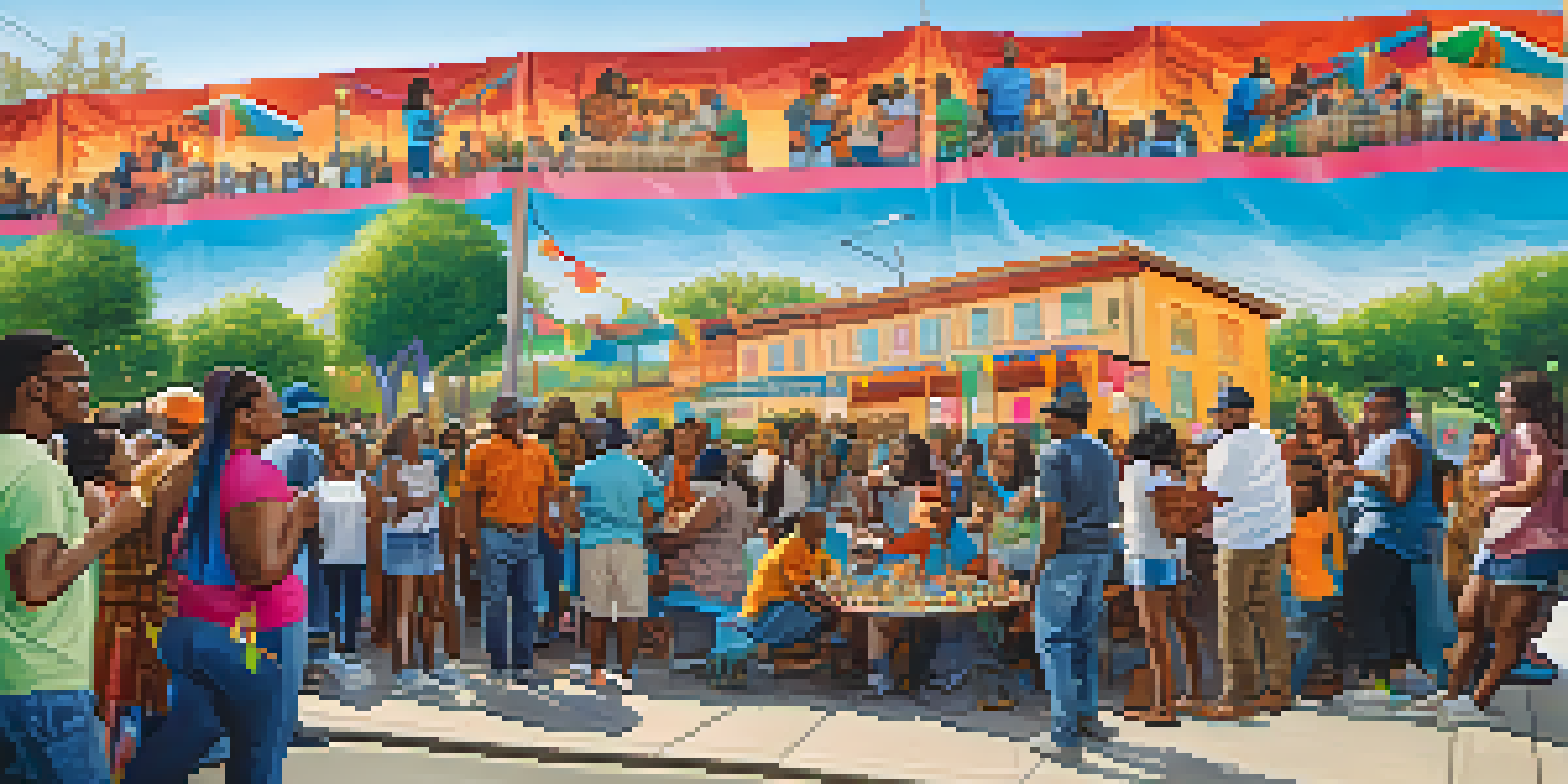 A diverse group of residents in Compton gathered around a colorful mural, discussing ideas with enthusiasm, illuminated by warm sunlight.