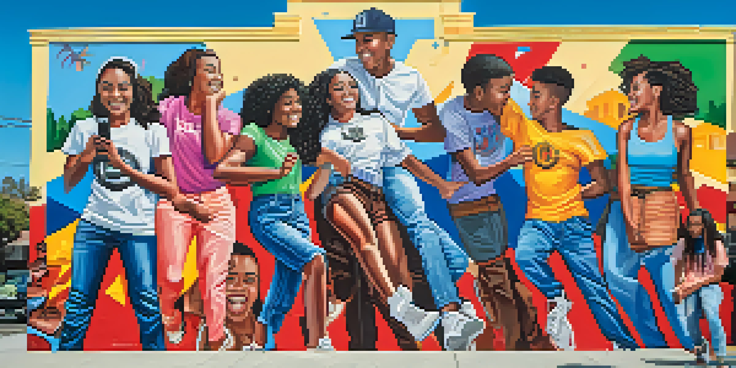 A colorful mural illustrating youth activism in Compton, featuring diverse young individuals engaged in a community event with symbols of social justice.
