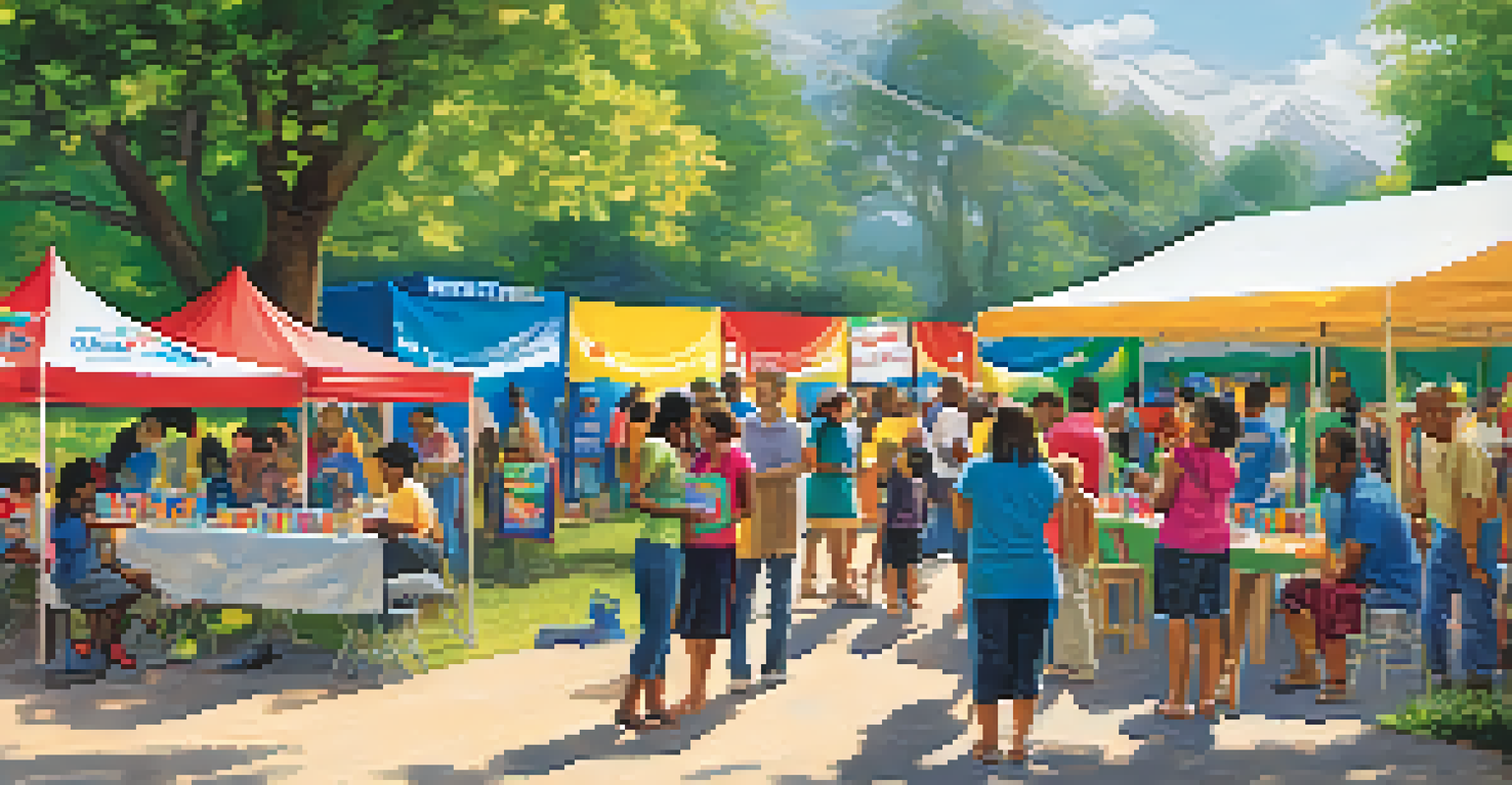 Outdoor community event promoting adult literacy with booths, a colorful banner, and families engaging with resources.