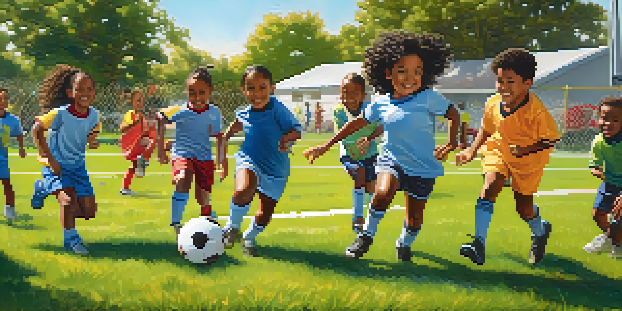 Children playing soccer in a community field with parents cheering in the background under a sunny sky.
