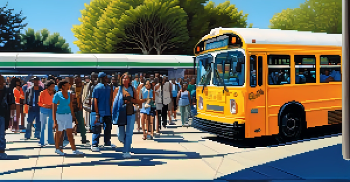 A busy public transit station in Compton filled with diverse people waiting for buses under a clear blue sky.