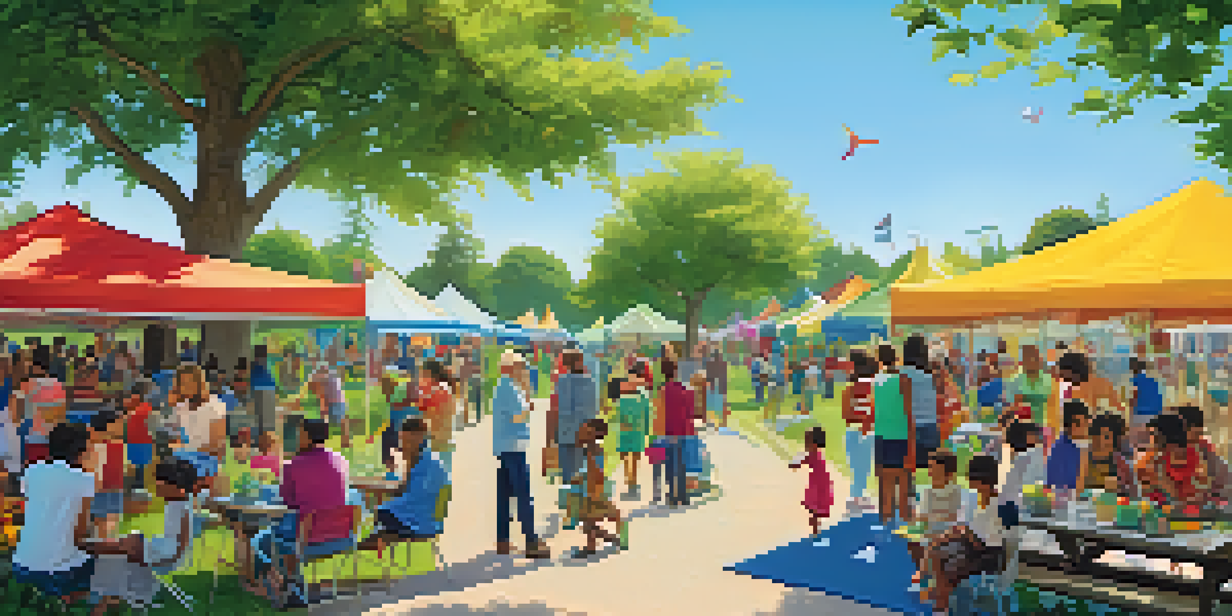 A sunny community gathering in a park with diverse families, colorful tents, and children playing in the background.
