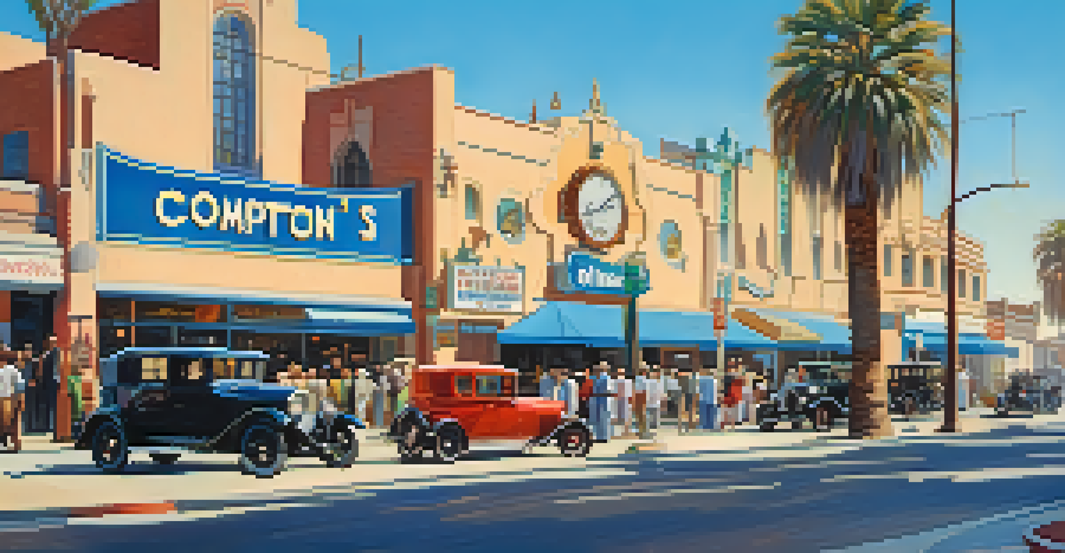 A lively 1920s Compton street scene with automobiles, gas stations, diners, and pedestrians under a sunny sky.