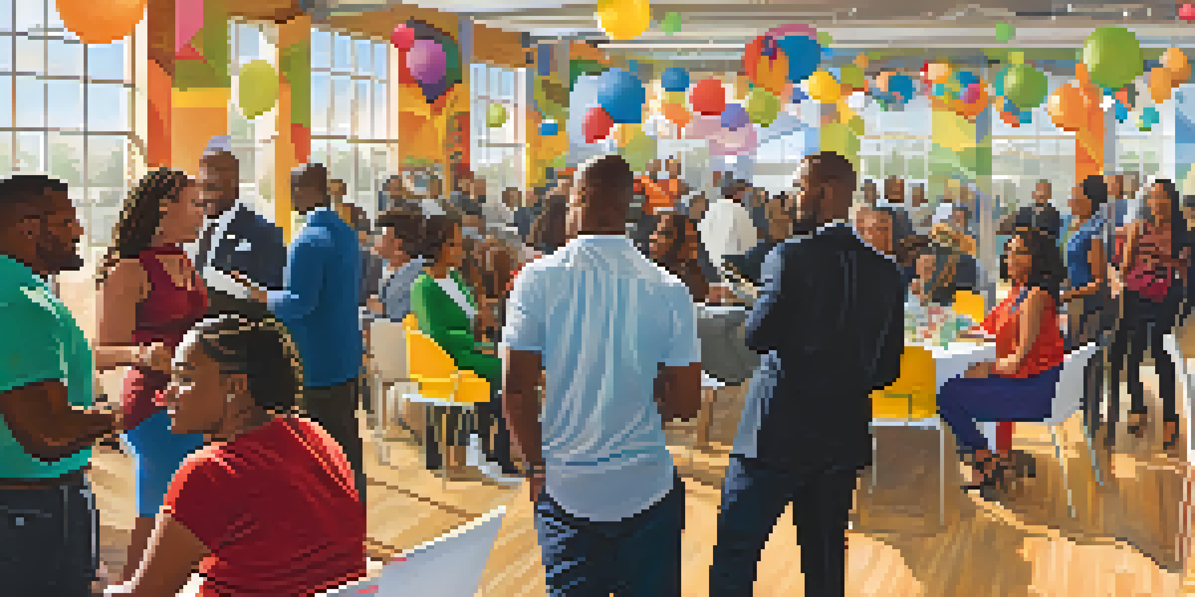 A lively networking event with diverse entrepreneurs talking and sharing business cards in a community center filled with colorful decorations and natural light.