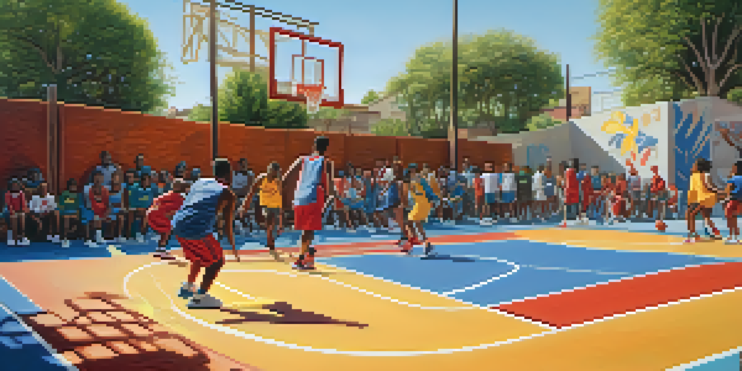 Young athletes practicing basketball on a colorful court with a mural of sports icons in the background.