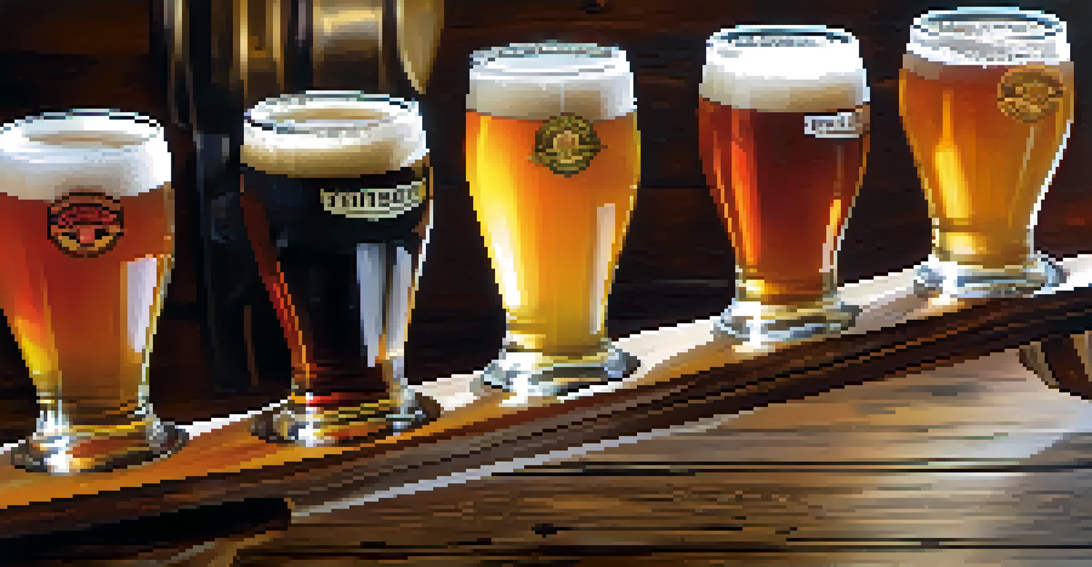 A close-up view of a tasting flight featuring various colorful craft beers on a rustic wooden table, with the brewery's logo in the background.